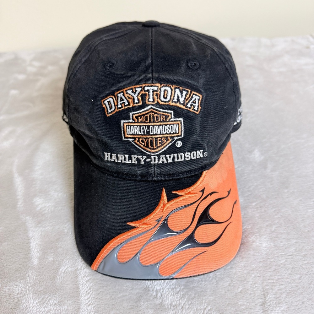 VTG Harley Davidson Daytona Flame Hat OSFA Faded Black Orange Biker 2004 Y2K